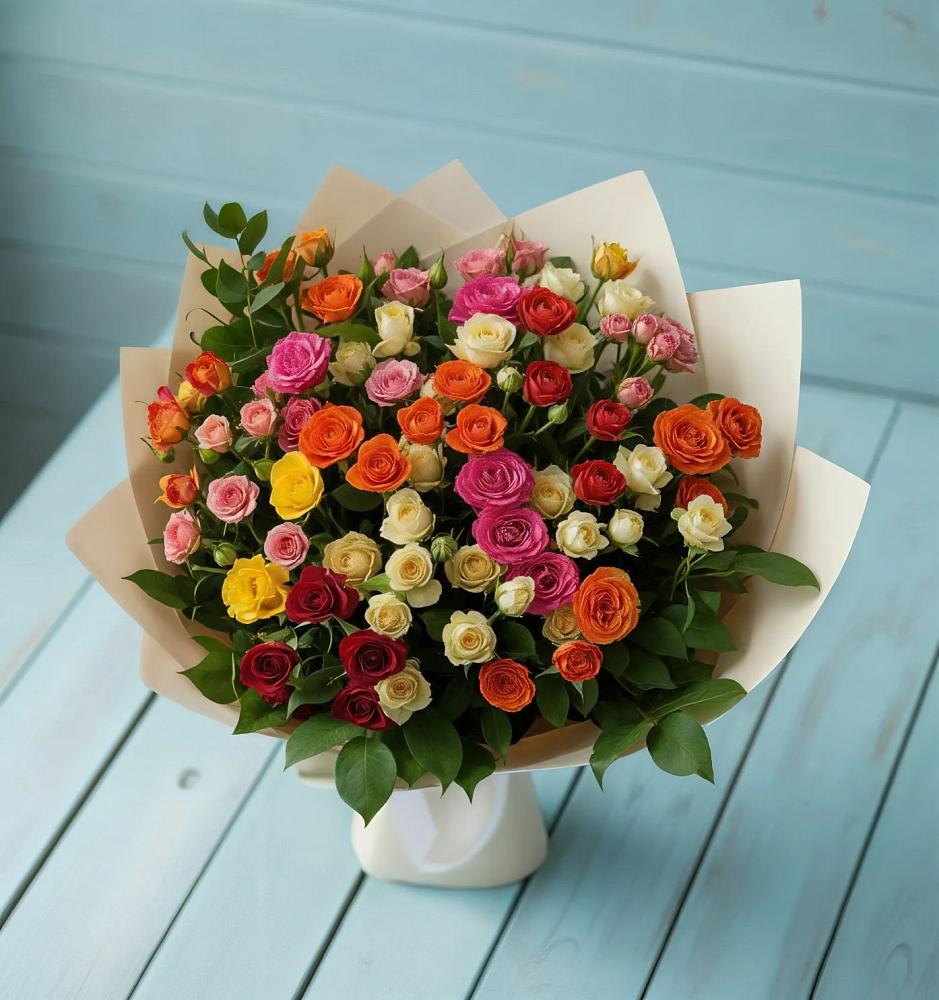 Букет Микс из разноцветных кустовых роз в Кильмези